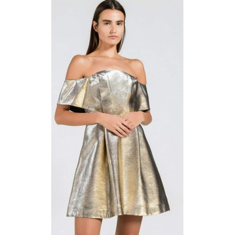 SANDRO Lame Metallic Off the Shoulder Cocktail Dress